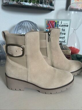 Blondo Beige Suede Ankle Boots with Buckle Accent.